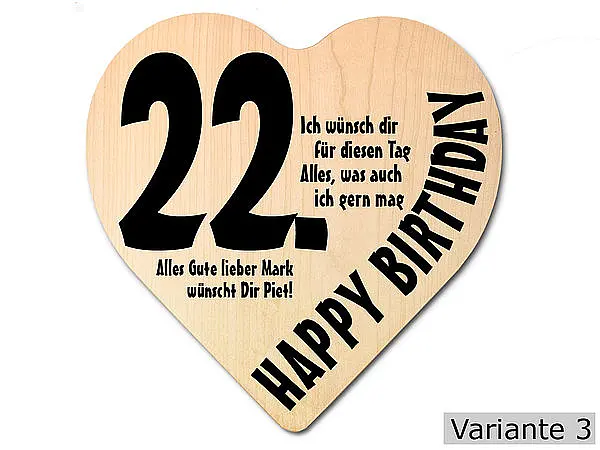Herz Holzschild mit Wunschtext Geschenk zum 22. Geburtstag