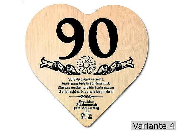 Herz Holzschild mit Wunschtext Geschenk zum 90. Geburtstag