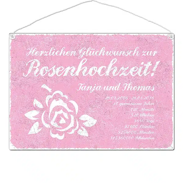 Schild Rosenhochzeit mit Wunschtext - Format A3 rosa