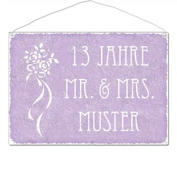 Geschenk zum Hochzeitsag - 13 Jahre Mr. und Mrs. und Name - Schild A3 violett