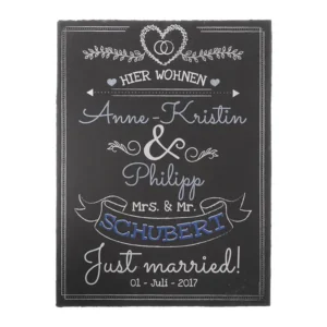 Geschenk zur Hochzeit individuell bedruckte Schiefertafel mit Namen und Datum | blau
