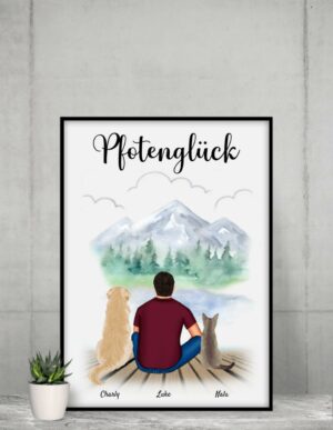 Mann mit Hund und Katze - Personalisierter Kunstdruck (Poster